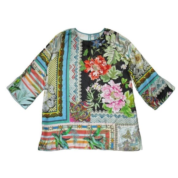NWT Johnny Was Island Print Silk Tunic in Mixed-Print Lightweight Dress PL